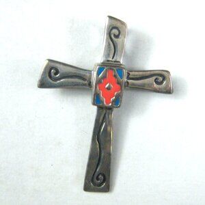 Shube Vintage Sterling Silver Cross Pin Southwestern Enamel S 925 Pendant